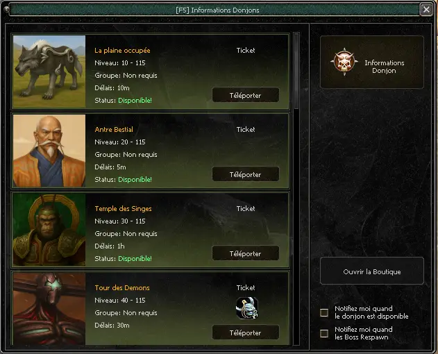Menu Donjon